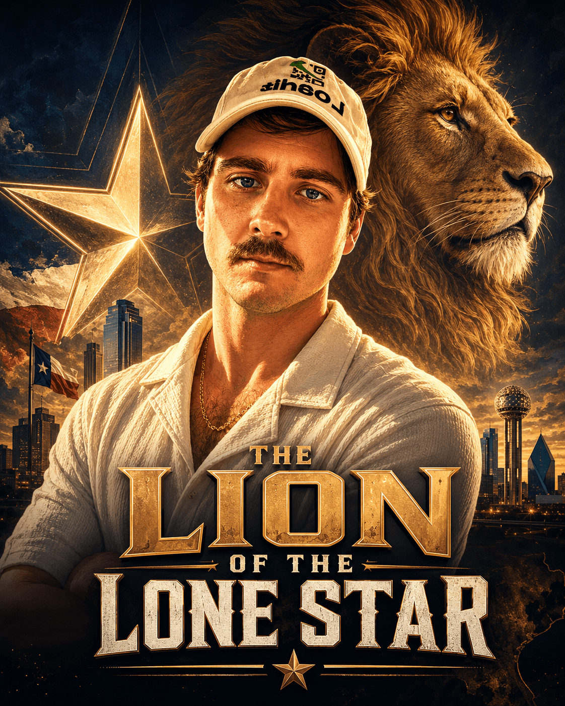 The Lion of the Lone Star poster — Colt Trudell in front of a golden lion, a glowing lone star, the Texas flag, and the Dallas skyline at dusk